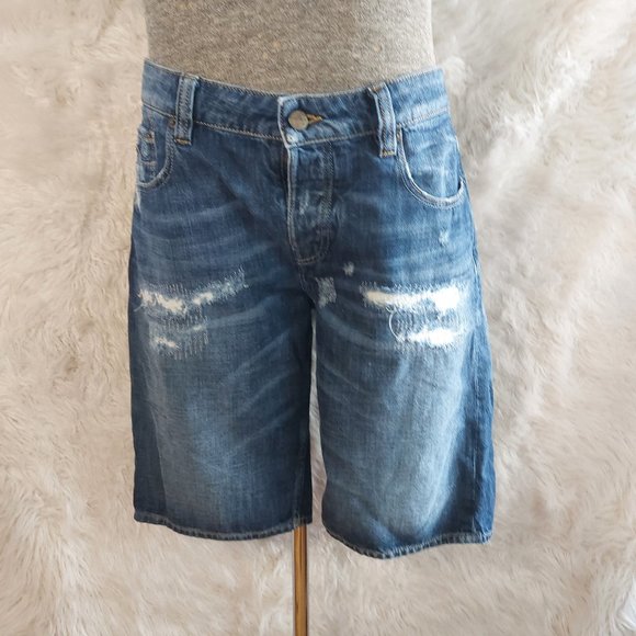 Adenim Men's Blue Adam Slim Fit Fly Buttons Distress Shorts - Picture 1 of 10